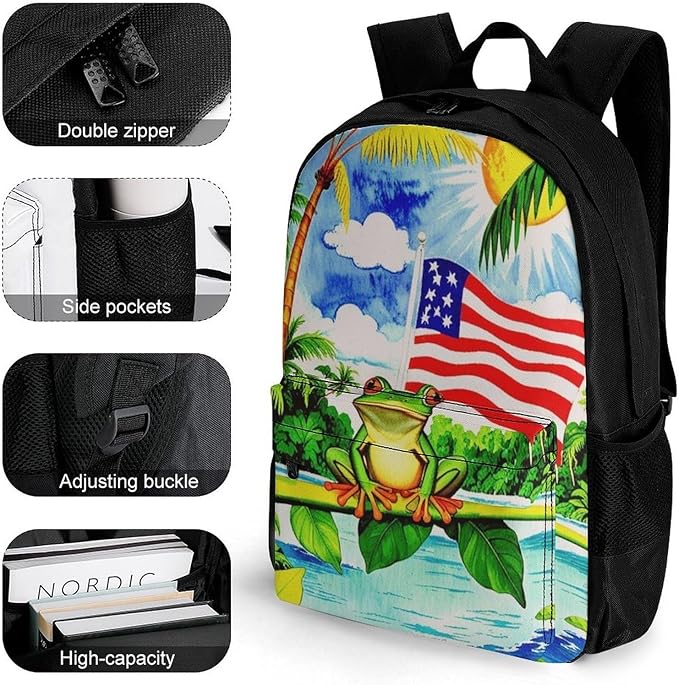 Supdreamc Shoulder Book Bags Anti-Theft Multipurpose Big Capacity Bookbag, Flag Of American Palm Tree Frog Travel Hiking Backpack With Smooth Zippers