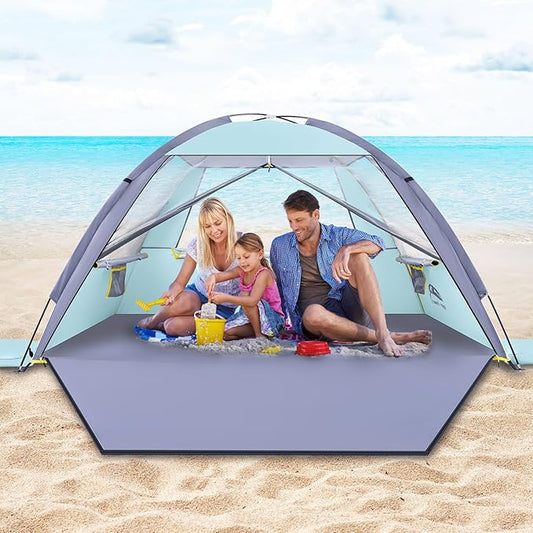 Happy Travel Beach Tent, UPF 50+ UV Protection Sun Shade Shelter for 3/4/5/6/7/8 Person, Portable Beach Canopy for Family & Baby, Lightweight & Easy Setup Beach Cabana with 3 Ventilation Mesh Windows