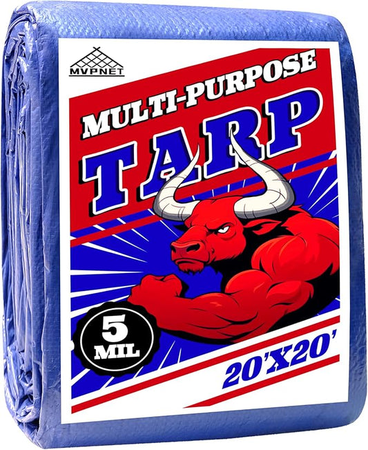 Tarp 20x20 ft 100% Waterproof Uv Resistant High Durability Multipurpose 5mil Blue Tarp for Covering Courtyards, Cars, Camping, Gardens, Pet Nests -by MVPNET