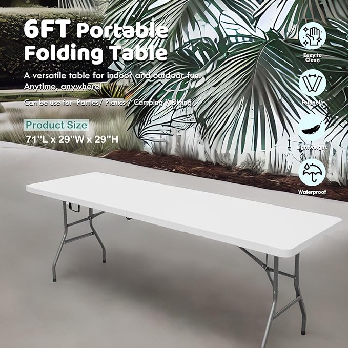 AJP Distributors 6 Foot Portable Plastic Folding Table 6FT 72" Half Foldable Heavy Duty Top w/Carry Handle - Indoor Outdoor Backyard Camping Picnic BBQ Party Wedding Dining Office Event Meeting White
