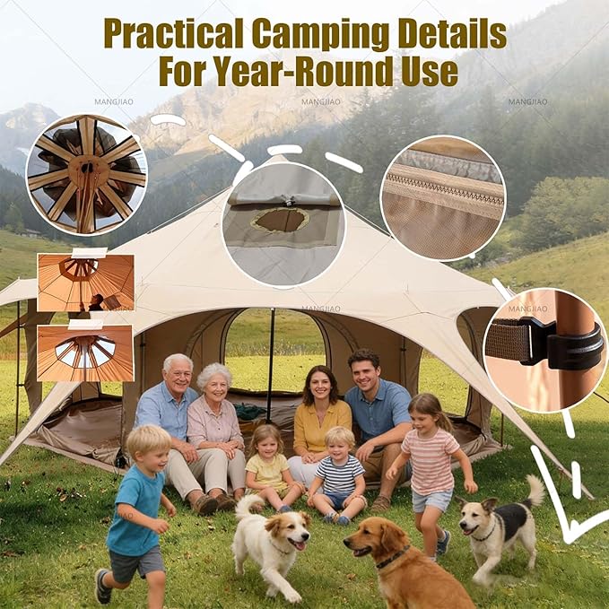 Octagon Tent, Canvas Bell Yurt Tent, 15 Person Large Glamping Tent with Stove Jack, Waterp-roof Polycotton Roof, and 8 Mesh Windows for Comfortable Family Camping and Festival Outings.