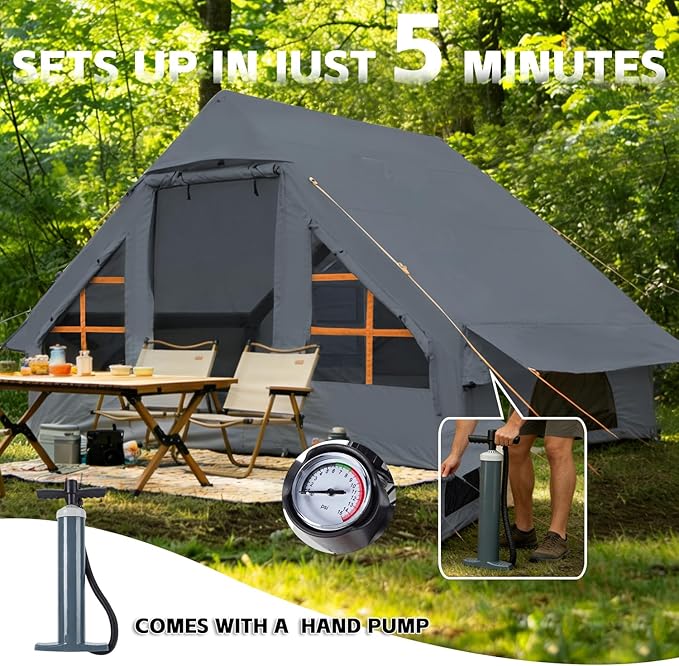 Inflatable Tents with Hand Pump Hot Tent with Stove Jack Easy Blow Up Glamping Tent with Mesh Windows, 4-6 Person Instant Family Camping Tents Waterproof for 4 Seasons