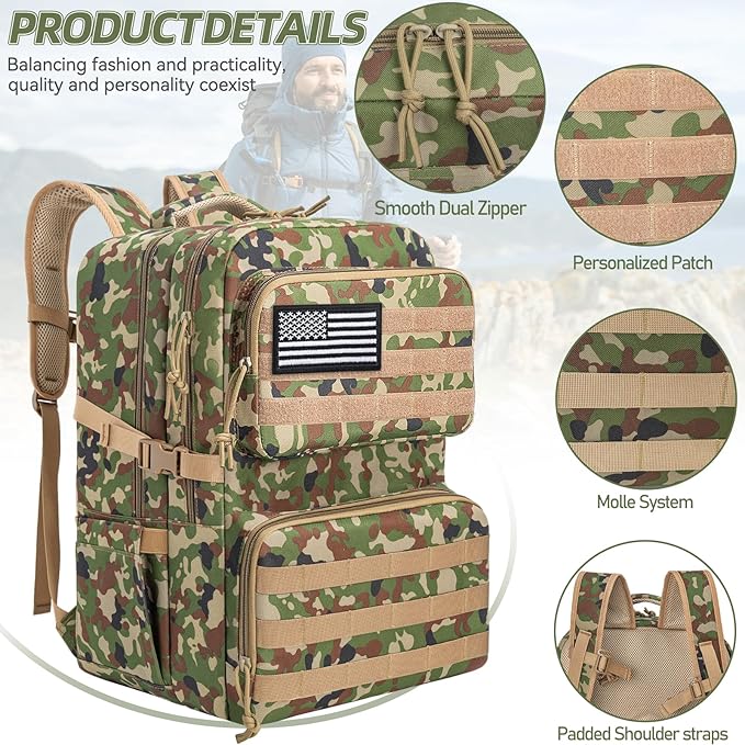 45L Tactical Backpack for Men, Water-resistant Military MOLLE Assault Backpack Bag for Hunting Camping Travel (Khaki Camo)
