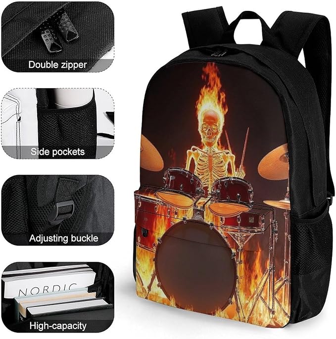 Polyester Daypack for Hiking Work Running, Big Capacity Anti-Theft Multipurpose Shoulder Bag, Rock Drum Fire Flame Skull Skeleton Travel and Sport Backpack Rucksack