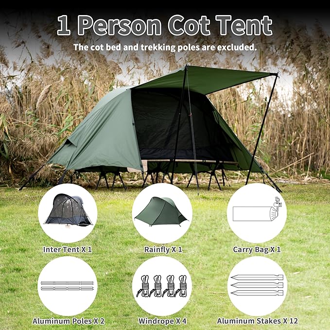 TENPLAY Cot Tent,Camping Tent,Backpacking Tent,3 Way Tent,Solo Tent,1 Person,Quick Setup,70D Nylon,pu5000mm,UV Cut,7001 Aluminium,Ultralight,Compact,Outerdoor,Hiking,Travel,Mountaineering