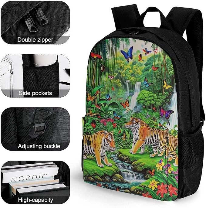 Supdreamc Rucksack Anti-Theft Multipurpose Large Capacity Carry On Bag, King Of The Tiger Tropical Rainforest Landscape Jungle Parrot Birds Travel Hiking Bag Day Pack With Side Pockets