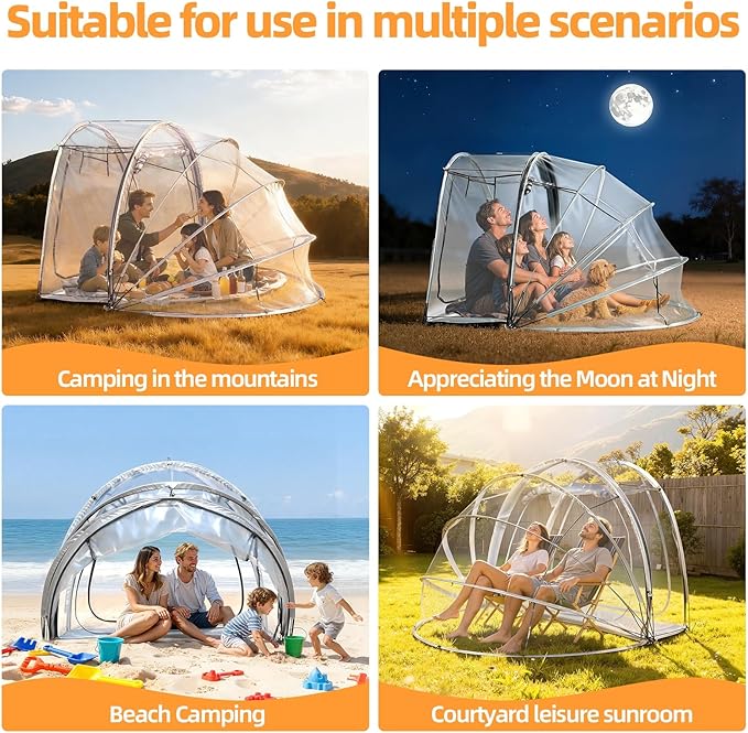 Foldable Pop up Sports Tent, Outdoor Clear Bubble Tents with Floor Mat & Top Cover, Instant for All Weather, Portable Screen Tent for Sports Events, Camping, Fishing, Cheering Clear