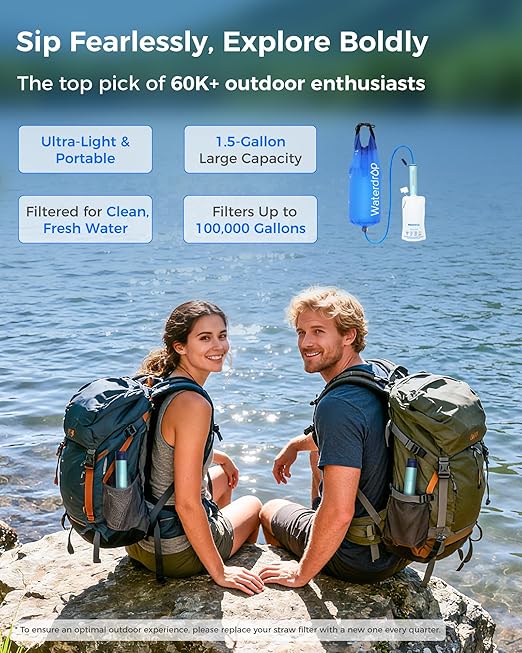 Waterdrop Gravity Water Filter Straw, Camping Water Filtration System, Water Purifier Survival for Travel, Backpacking and Emergency Preparedness, 1.5 gal Bag, 0.1 Micron, Light Blue