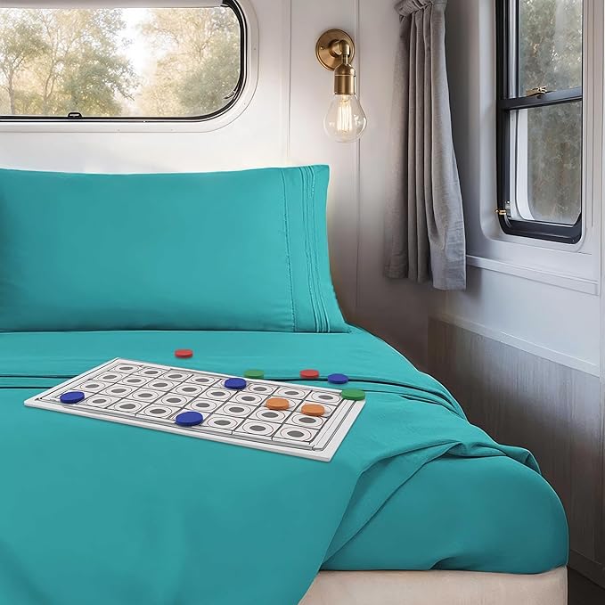 Hearth & Harbor Short Queen Sheets for RV, Teal RV Queen Sheets, Silky Soft 1800 Microfiber Bed Sheet for Camper, 4 Piece RV Bedding with Pillowcases