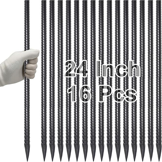 VVOKGO Rebar Stakes 24 Inch Ground Straight Concrete Form Stakes Heavy Duty (16pcs), 3/8" Diameter Metal Steel Spikes Anchors with Chisel Point End for Plant Support, Garden Border,Landscape Edging