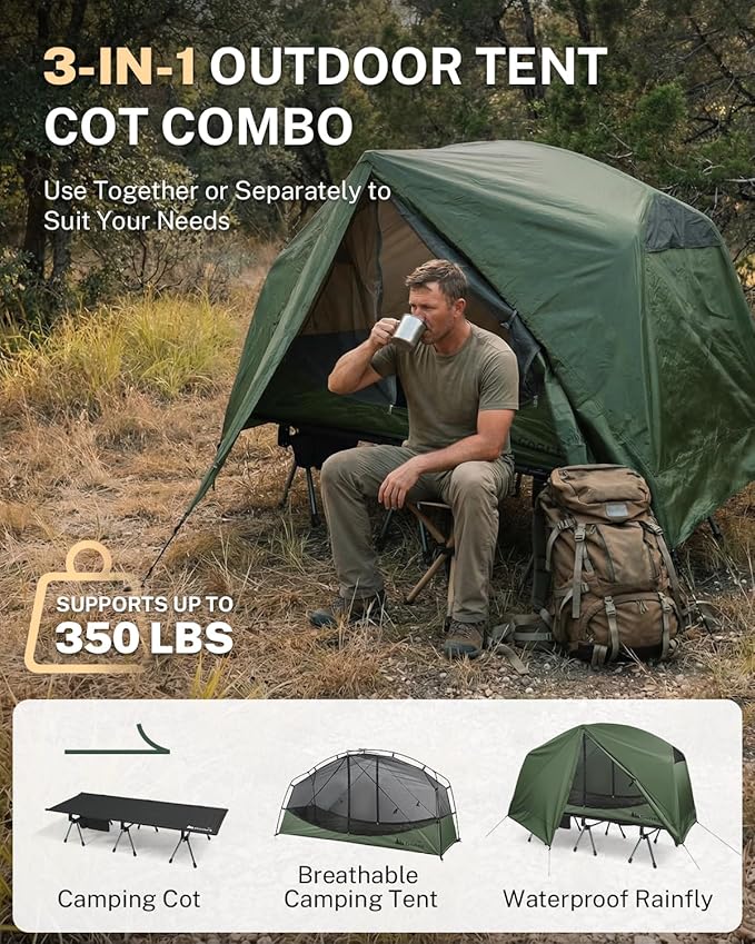 Gonex Camping Tent Cot for Adults, 1-Person Off-Ground Folding Portable Easy Set-up Tent Cot Combo Supports 350lbs for Hiking, Backpacking, Car & Motorcycle Camping(31.5" W X 78.7" L)-Army Green