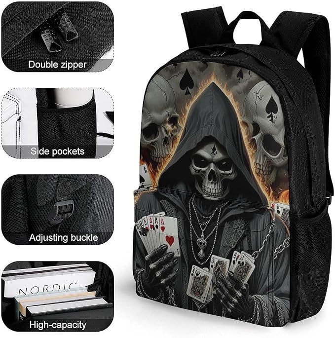 Adults Lightweight Skull Fire Poker Cards Rucksacks Large Capacity Bookbag With Adjustable Shoulder Straps for Trekking Outdoors Bicycle