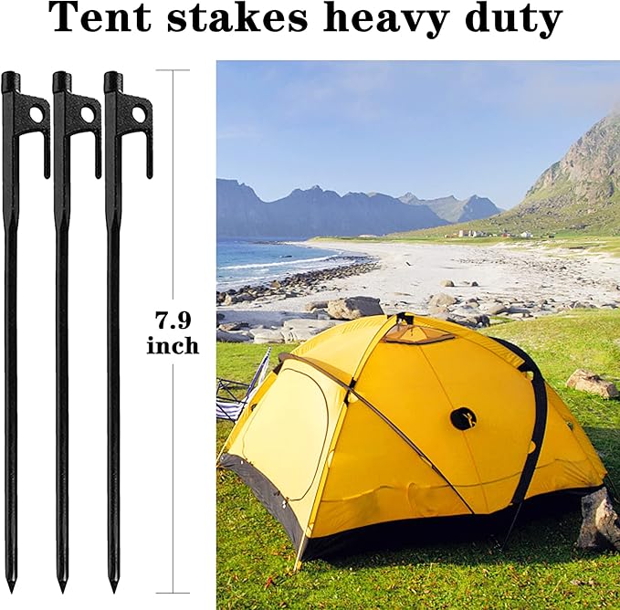 12 Pack Tent Stakes Heavy Duty, Metal Black Camping Stakes, Steel Tent Spikes, Canopy Stakes, Tent Pegs for Car Camping, Yard Decoration, Tarp, Shade Tent, Picnic