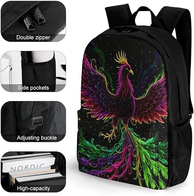 Daypack Bookbag Anti-Theft Multipurpose Large Capacity Bookbag, Colorful Fire Flame Phoenix Black Art Travel Hiking Camping Rucksack With Adjustable Shoulder Straps