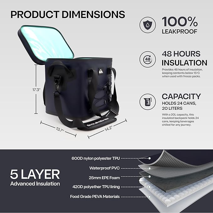 Quiksilver Welded Bungee Backpack Cooler, 30L/36 Cans, 48-72 Hours Insulation, Leakproof & Waterproof IPX7 Rated, Heavy-Duty 600D TPU, Adjustable Straps