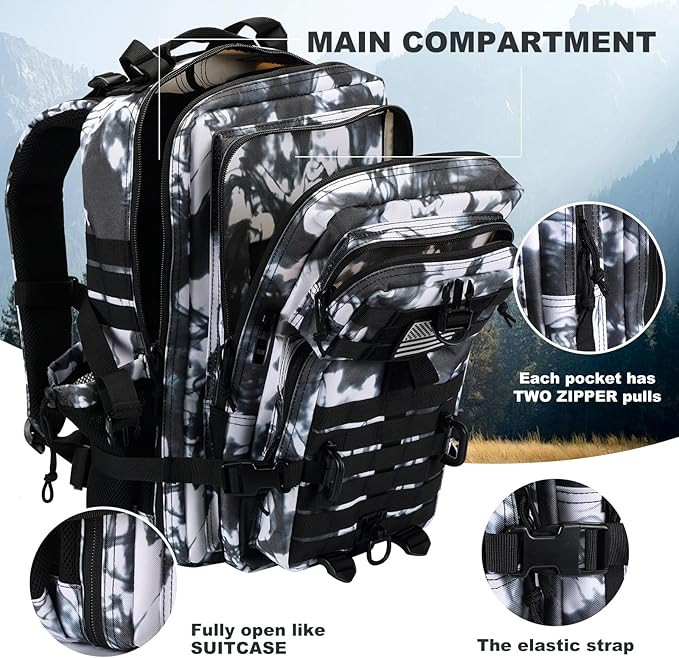 45L MOLLE Assault Pack, Tactical Backpack Military Army Camping Rucksack with Bottle Holder, 3-Day Pack Trip w/USA Flag Patch, D-Rings, White Camo