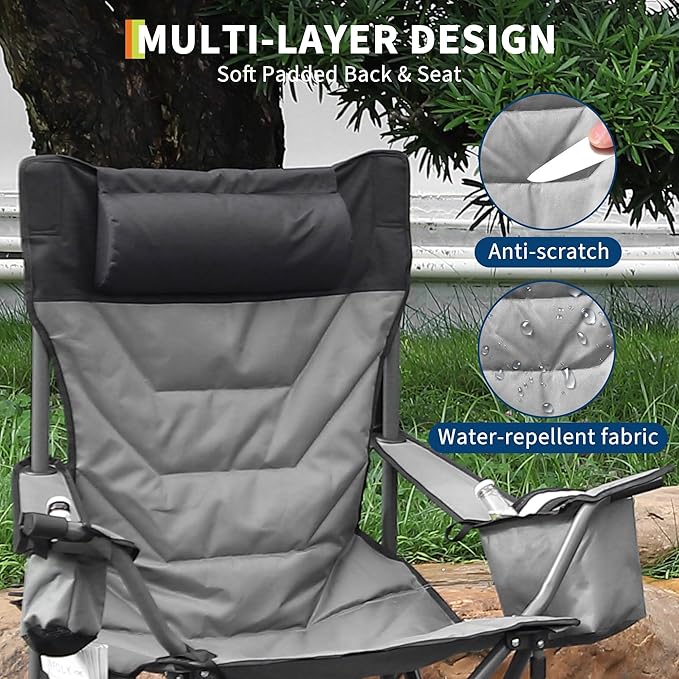 GAOMON Oversized Padded Camp Chair，Heavy Duty Camping Chair 500Lbs Capacity with High Back Support & Headrest, Folding Portable Camping Chair for Beach, Fishing, Backyard,2 Pack