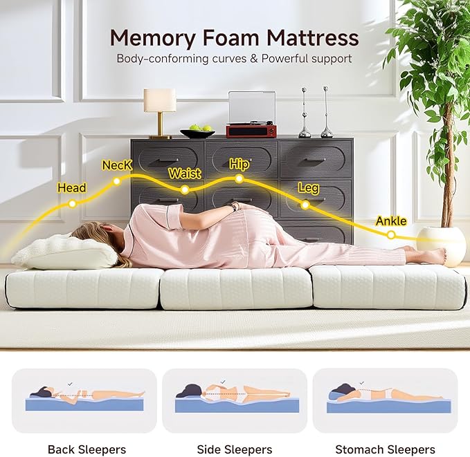 Foldable Mattress, Full Tri-Fold Memory Foam Mattress Topper with Washable Cover, Handle & Non-Slip Bottom, 6 Inch Portable Folding Bed for Guest, Yoga, Living Room, Camping - 73"x52"x6"