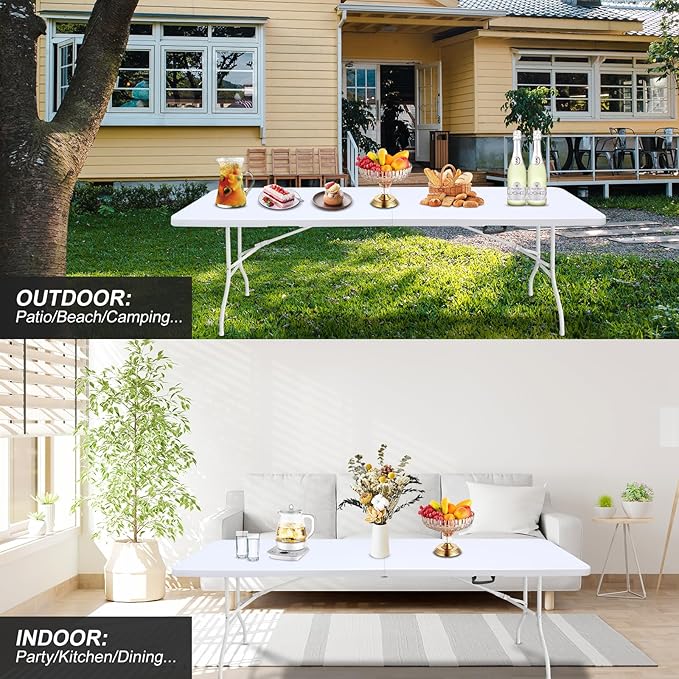 Portable Plastic Folding Table 4ft/6ft/8ft Heavy Duty White Black Picnic Dining Table Fold-in-Half for Camp Party Kitchen Indoor Outdoor
