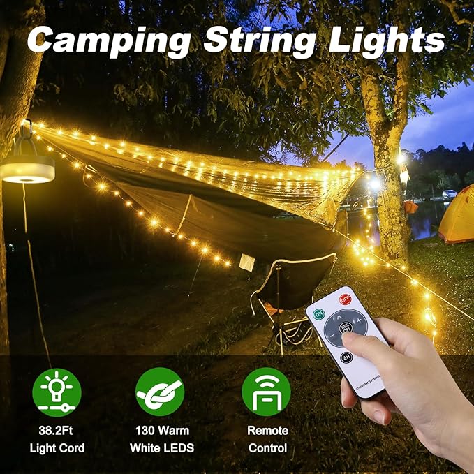 SMY Lighting 3 in 1 Camping String Light Rechargeable(32.8Ft), Warm White Portable Outdoor String Lights, Tent Fairy Lights, Multi-Modes & Brightness,USB RV Awning Lights for Camper, Hiking and Yard