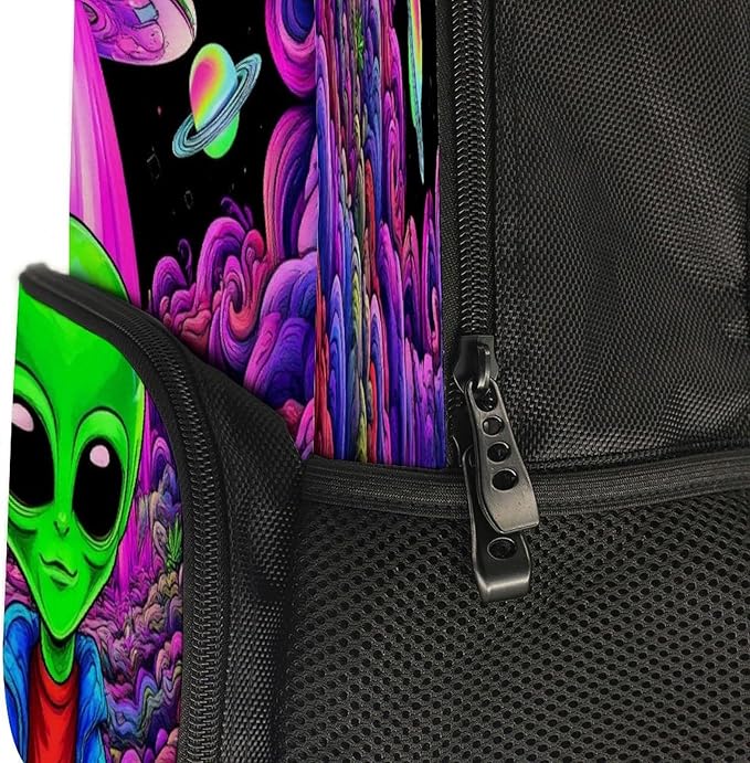 Men Women Polyester Trippy Space Alien Marijuanaweed Art Daypack Big Capacity Shoulder Bag With Smooth Zippers for Hiking Work Walking Cycling