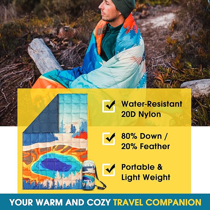 4Monster Down Camping Blanket - Outdoor Travel Quilt Puffy 650 Fill, Packable, Lightweight,Wind & Waterproof | Ideal for Stadium, Backpacking,Picnics, Beach and Hiking