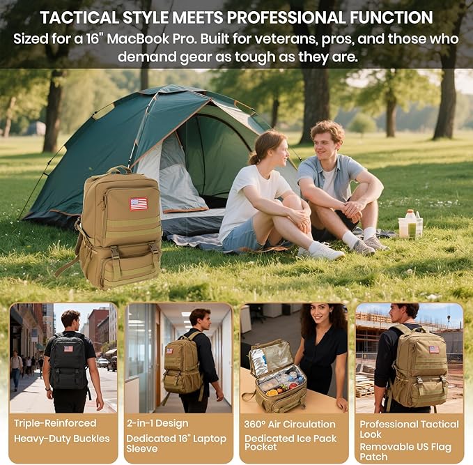 Tactical Cooler Backpack for Men, 41L Insulated Leakproof Lunch Backpack with 16” Laptop Compartment, Heavy Duty Double Deck Soft Cooler Bag for Work, Fishing, Camping, Hiking – Coyote Tan