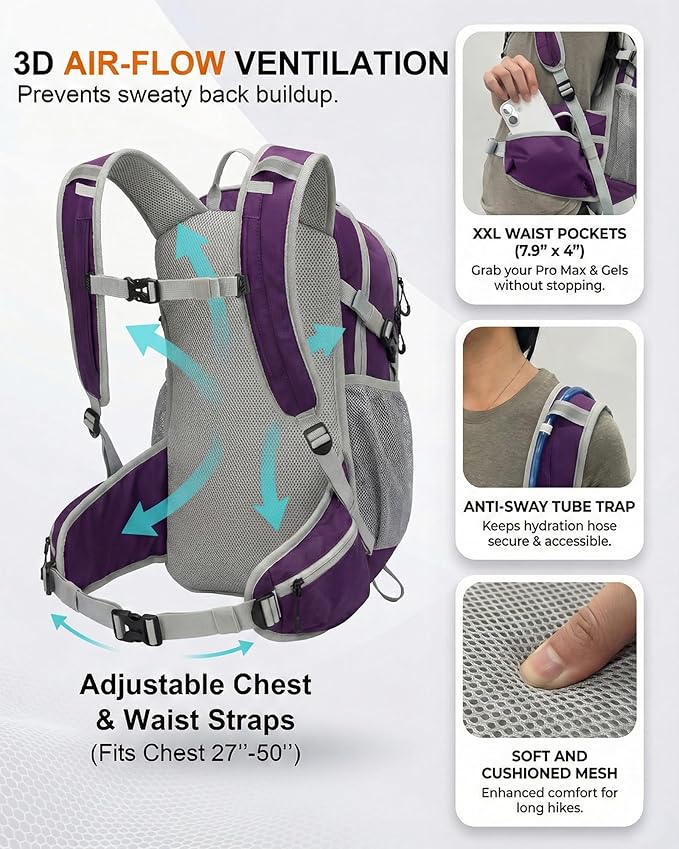Hydration Backpack with 2L Bladder – Thermal Insulated Water Pack for Hiking, Skiing, Running – Lightweight Daypack for Men & Women, Soft-Lined Sunglasses Pocket & Large Waist Pockets