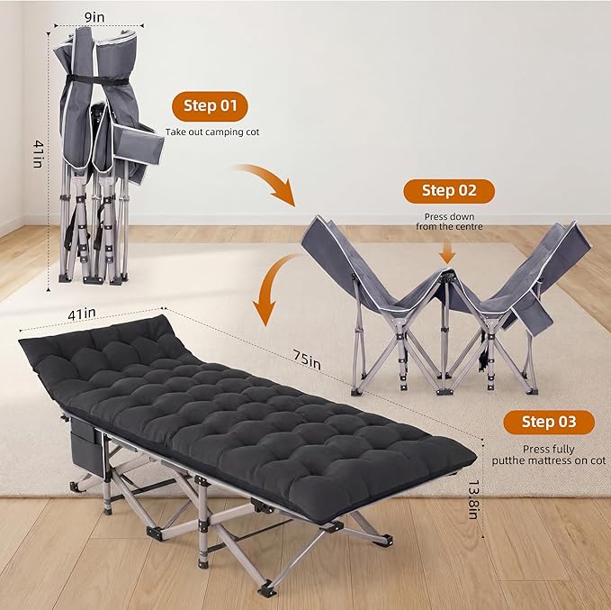 Folding Camping Cots for Adults 2 Pack - Heavy Duty Sleeping Cots 800LBS Capacity with Carrying Bag, Portable Foldable Cot for Outdoor Camping, Guest Sleep, Beach, Office Nap（Black Pad & Gray Pad）