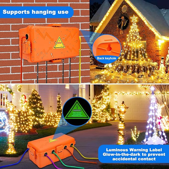Hrensaw Medium Outdoor Electrical Box(10.6x5.5x4.5inch),Weatherproof Connection Box w/6 Cable Entry,IP54 Waterproof Extension Cord Cover Protect Power Strip,Timer,Plug,Holiday Lights,Orange