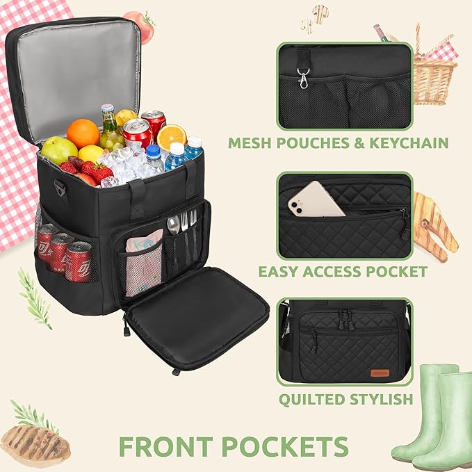 31L Large Insulated Cooler Bag for Men or Women, Double Layer Soft Cooler Bag for Picnic, Camping, Beach, Travel, Food & Drinks, Black