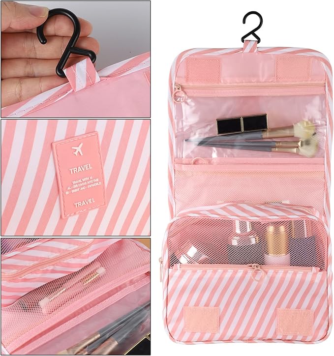 Pengxiaomei Toiletry Bag for Women, Pink Waterproof Hanging Cosmetic Bag Portable Travel Makeup Pouch Bathroom Bag with Hook Handle for Mothers Day Gifts
