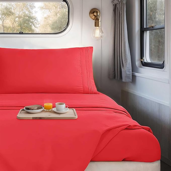 Hearth & Harbor Short Queen Sheets for RV, Red RV Queen Sheets, Silky Soft 1800 Microfiber Bed Sheet for Camper, 4 Piece RV Bedding with Pillowcases