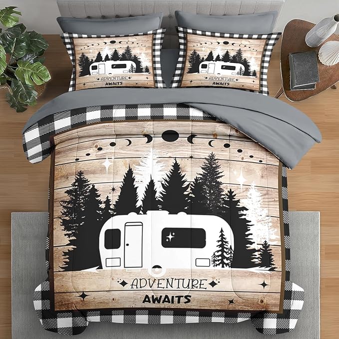 Comforter Set Queen Size, Camper Rv Camping 7 Pcs Bedding for Kids and Adults, Car Bed Sheet Sets with Fitted Sheet 2 Pillowcases & 2 Shams for Bedroom Bed Decor