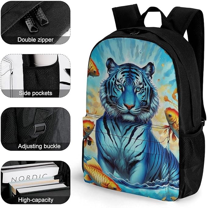 Rucksack Multipurpose Anti-Theft Big Capacity Shoulder Bag, Trippy Tiger Goldfish Travel Hiking Camping Rucksack With Side Pockets