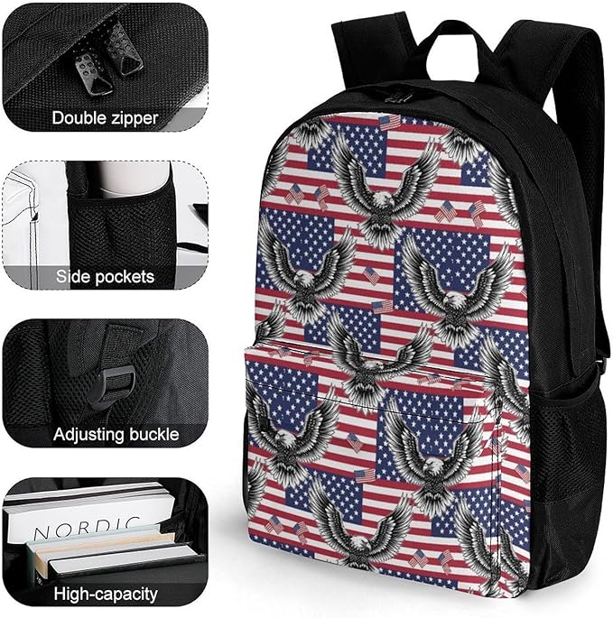 Daypack Bookbag Multipurpose Anti-Theft Big Capacity Carry On Bag, American Flag Usa Cool Bald Eagle Pattern Art Travel Hiking Camping Rucksack With Padded Straps