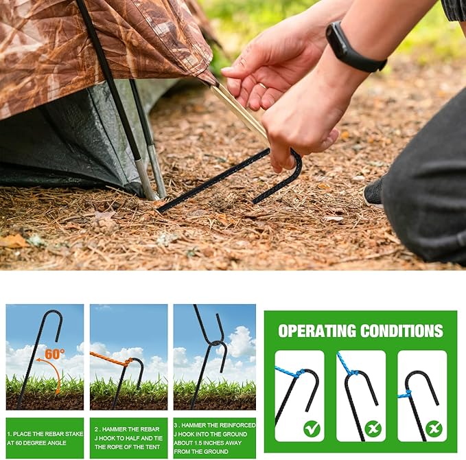 ERYTLLY 12In Rebar Stakes J Hook Heavy Duty Galvanized Metal Stakes for Ground Barrel Soil Tent Swing Set Anchors Fence Stakes Curved Steel Plant Support Garden Stakes with Hooks（12in 8pk）