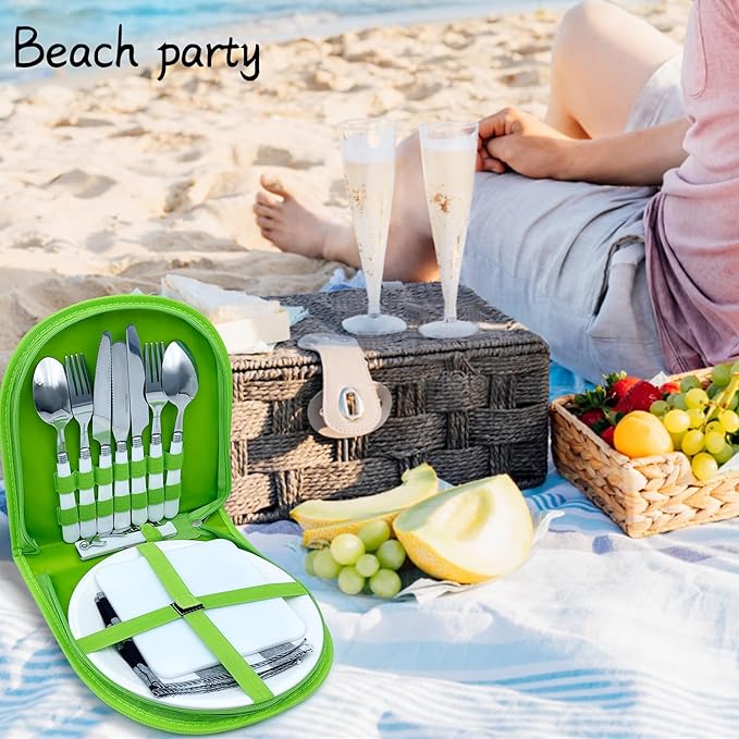 Portable Camping Silverware Utensil Set, 13 Pcs Picnic Mess Kit for 2 Person-Stainless Steel Serrated Knife Spoon Fork Wine Opener Plate Cutting Board Napkin, Camp BBQ Travel Set