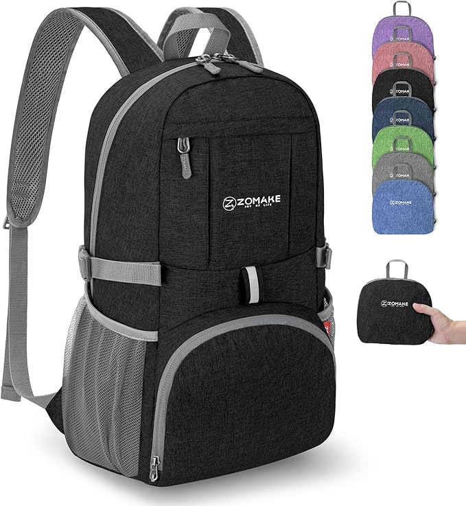 ZOMAKE Ultra Lightweight Packable Backpack 25L,Small Foldable Backpacks Hiking Water Resistant Collapsible Daypack for Women Men(Black-B3)