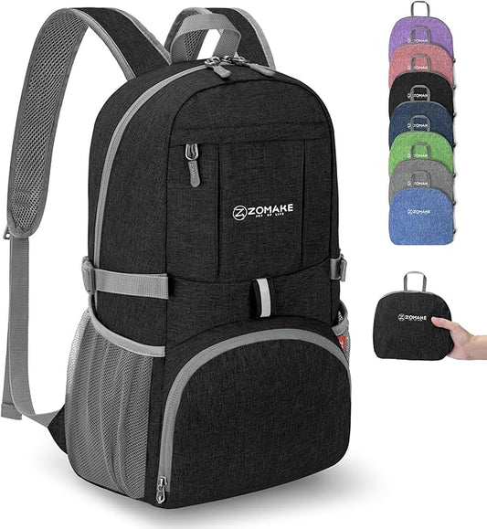 ZOMAKE Ultra Lightweight Packable Backpack 25L,Small Foldable Backpacks Hiking Water Resistant Collapsible Daypack for Women Men(Black-B3)