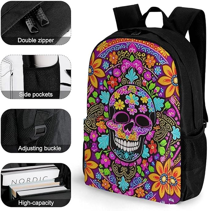 Supdreamc Backpack Polyester Multipurpose Anti-Theft Dead Sugar Skull Flowers Shoulder Bag Big Capacity Gym Outdoor Hiking Backpack With Padded Straps