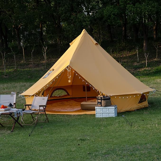 Cotton Canvas Bell Tent with Stove Jack, Roomy Yurt for Family Glamping Camping, 4 Season Tent with Zipped Removable Floor