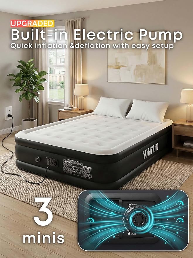 Air Mattress Queen with Built in Pump, 18" Elevated Inflatable Blow Up Mattress with Self-Inflation/Deflation, Soft Flocked Top Air Bed for Guest, Home,Camping, 80x60x18in, Charcoal Black