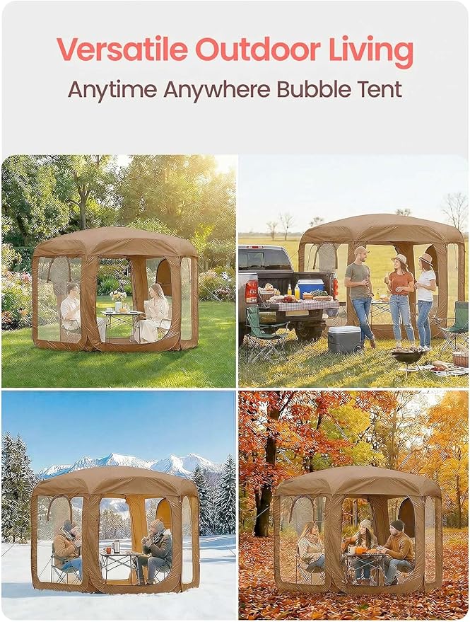 Porayhut Pop up Bubble Tent Screen House 10’X10’Large Camping Sun Shelter,Weather and Cold Proof Pod with Detachable Sunshade Cloth,Waterproof Floor,2 Zipper Doors & 4 Mesh Breathable Windows
