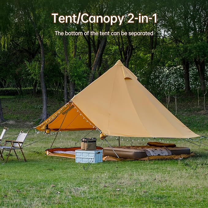 Cotton Canvas Bell Tent with Stove Jack, Roomy Yurt for Family Glamping Camping, 4 Season Tent with Zipped Removable Floor