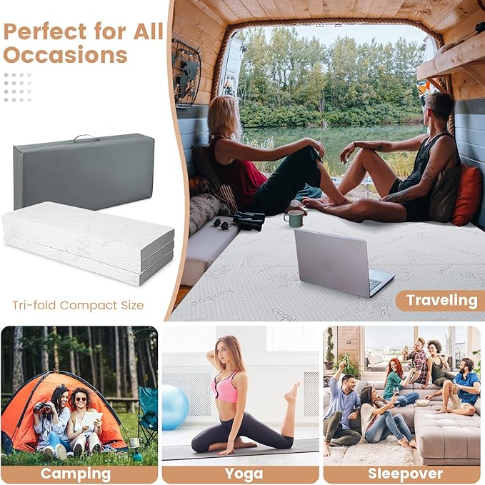 Giantex Folding Mattress, 4 Inch Gel-Infused Tri-fold Mattress with Bamboo Cover & Carry Bag, CertiPUR-US Certified, Foldable Cooling Mattress Topper for Guest Room Dorm RV Camp Floor, Queen