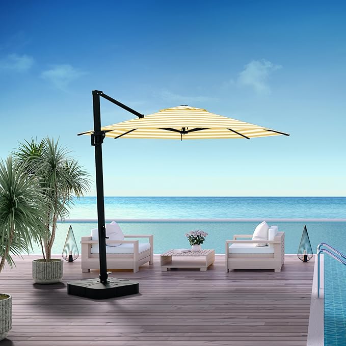 Midtown Umbrellas 10 Ft Outdoor Cantilever Patio Umbrella w/Terylast Yellow Stripes Fabric - Tilt 360° Offset Patio Umbrella, Deck Patio Umbrella, Backyard Umbrella & Garden Umbrella - Black Frame