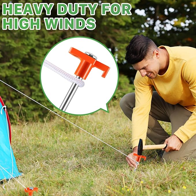 20 Pack Tent Stakes,10 Inch Heavy Duty Metal Tent Pegs,Tent Pegs Camping Stakes,Non-Rust Ground Stakes Tent Spikes for Outdoor Camping Garden,with 2 Pcs 10FT Ropes(Orange)