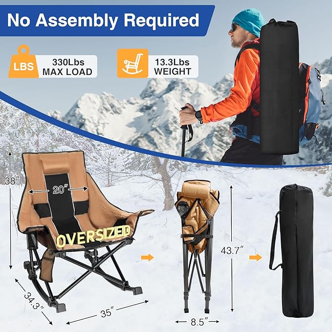 Slendor Heated Rocking Chair, Oversized Heated Camping Chair w/ 3 Levels Heat for Back+Seat, Heated Rocking Camping Chair with 20000 mAh Power Bank, Pillow, Side Pocket, Padded, Carry Bag, Tawny