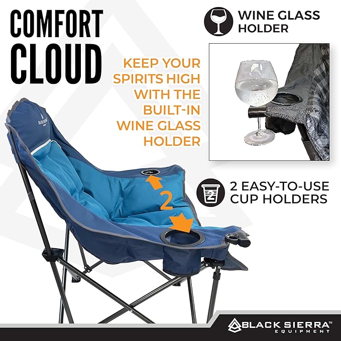 Black Sierra Plush Camping Chair for Sports & Outdoors, Oversize XL Outdoor Folding Chair Supports 400 lbs, Heavy Duty Lounge w/Cup Holders & Carry Bag (Denim Blue)